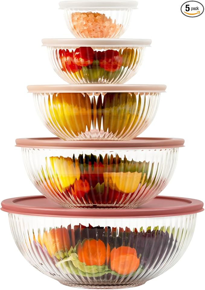 Glass Mixing Bowls with Lids Sets, 5 Packs Glass Bowls with Lids for Kitchen Baking, Meal Prepping and Salad, Bpa Free and Dishwasher Safe Serving Bowls, 0.2/0.5/1.1/2.1/3.7Qt