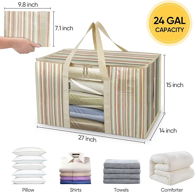 BALEINE 2-Pack Oversized Moving Bags with Reinforced Handles, Heavy-Duty Storage Tote Moving Supplies for Packaging, Camping (Color Stripe, 2-Pack)