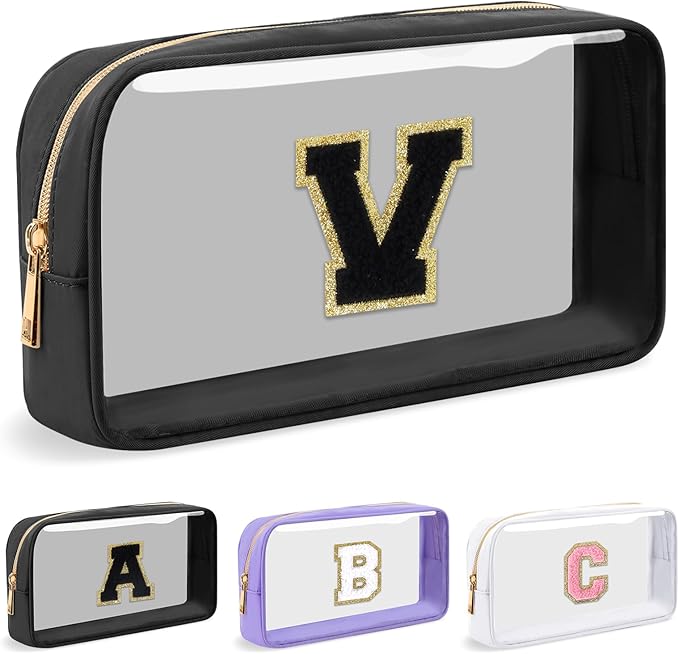 Personalized Initial Letter Clear Makeup Bag, Preppy Small Nylon&PVC Cosmetic Zipper Bag with Chenille Letter, Travel Skincare Toiletry Bag, Monogram Christmas Gift for Teen Girls Women, V