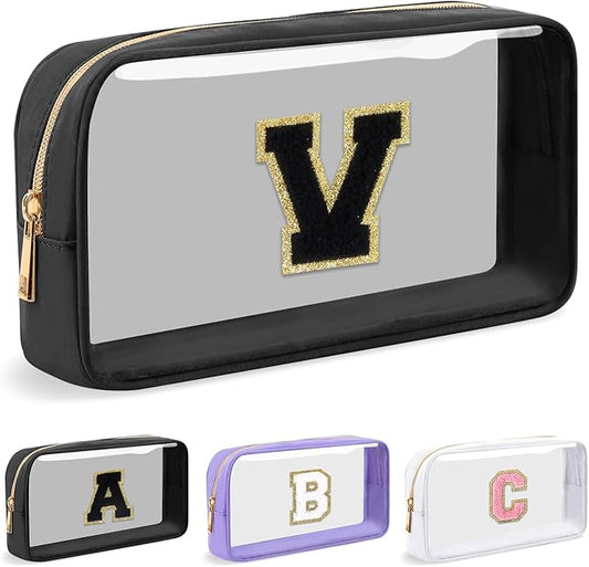 Personalized Initial Letter Clear Makeup Bag, Preppy Small Nylon&PVC Cosmetic Zipper Bag with Chenille Letter, Travel Skincare Toiletry Bag, Monogram Christmas Gift for Teen Girls Women, V
