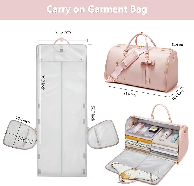 Garment Bags for Travel, Convertible Suit Travel Bag for Women, Fashion & Cute Carry On Garment Bag with Shoe Pouch, 2-in-1 Foldable PU Leather Hanging Duffle Bag, Single-Zipper Design, Pink