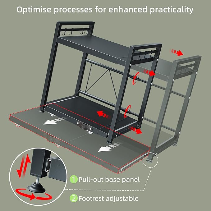 NETEL Expandable Microwave Stand,2 Tier Metal Kitchen Countertop Organizer Shelves with 8 Hooks,Bakers Rack,Pull-Out Microwave Shelf,55lbs Weight Capacity,Black