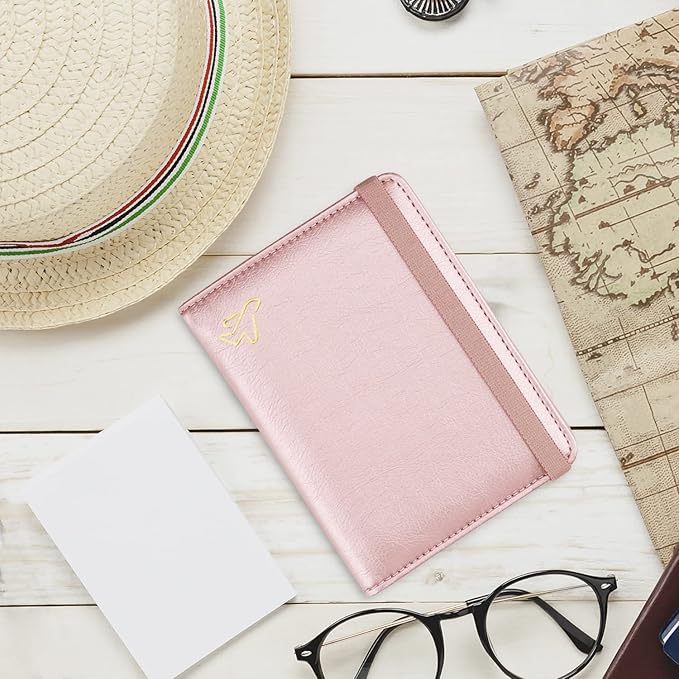 WALNEW Passport Holder for Travel, RFID Passport Cover Wallet for Women Men, PU Leather Passport Book Card Holder Case with Pen (Elastic Band Closure, C-Rosegold)