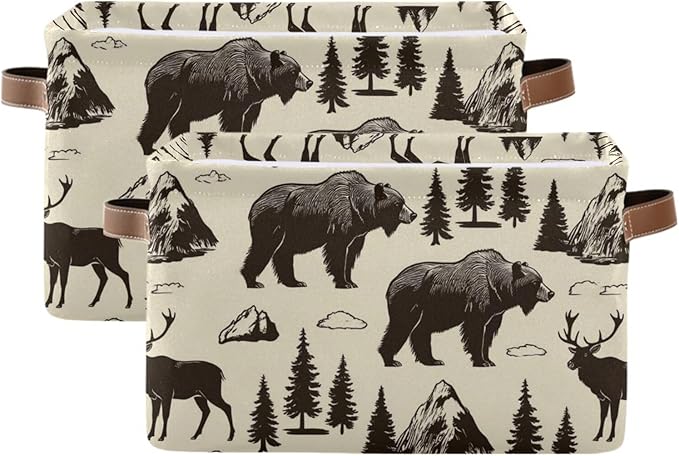 Aslsiy Storage Vintage Deer Bear Moose Nursery Bins National Park Baby Box Canvas Clothes Shelf Basket Laundry Hamper Gift for Home Closet 2 Pcs