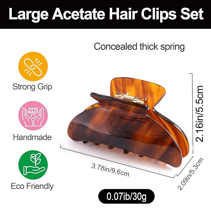 Big Claw Hair Clips for Women Hair Jaw Clips Large Hair Claw Clamps Acetate Hair Clip 2 Pack,Black/Brown