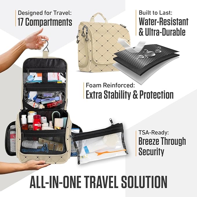 VENTURE 4TH Hanging Travel Toiletry Bag for Women & Men – Large Toiletry Organizer with 17 Compartments, Removable TSA Pouch, Travel Wash Bag for Toiletries, Makeup & Shaving Kit (Beige Diamonds)