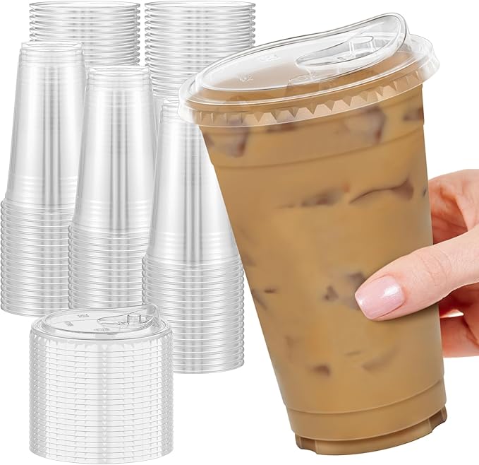 Dealusy 100 Pack - 20 oz Clear Plastic Cups with Lids, Sturdy & Food Safe Iced Coffee Cups with lids, Disposable Plastic Smoothie Cups for Cold Drinks, Sip Lids