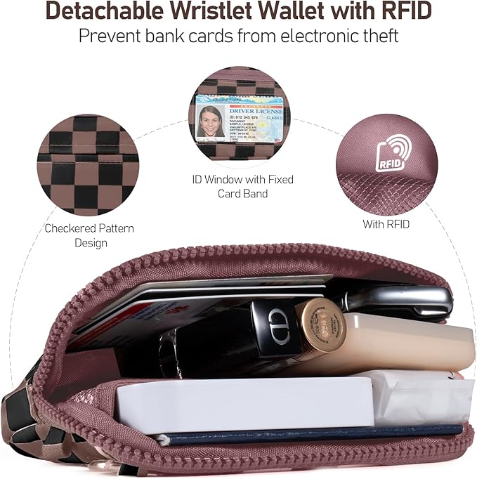 Clip and Go Strap for Phone with Wallet Crossbody Phone Lanyard and Detachable Checkered Bag with ID Window and RFID Pouch for Daily Travel.