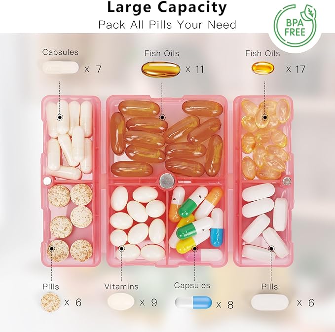 FYY Daily Pill Organizer, 7 Compartments Portable Pill Case Travel Pill Organizer,[Folding Design] Pill Box for Purse Pocket to Hold Vitamins,Cod Liver Oil,Supplements and Medication-Clear Red