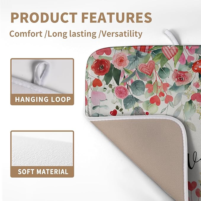 Valentines Day Love Heart Rose Eucalyptus Leaves Dish Drying Mat for Kitchen Counter 16x18 Inch Spring Valentine Microfiber Absorbent Dish Drainer Mats Reversible Drying Pad