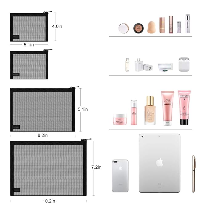 EASYFUN Mesh Pouch, Makeup Bag with Zipper, Cosmetic Organizer Pouch for Daily or Travel to Keep Small Items, 4 PCS Black