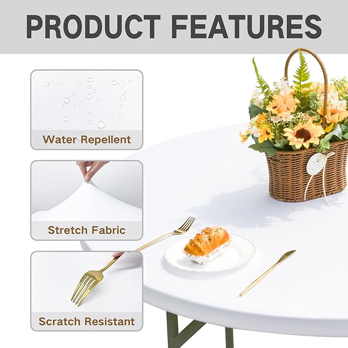 Round Fitted Table Cover Elastic Tablecloth 5ft Stretch Spandex Table Top Cover for Dining Indoor Outdoor Party White 60 Inch