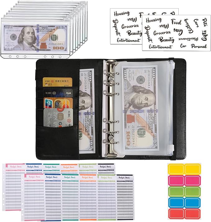NICOOTHBudget Binder Cash Envelopes A6 Money Saving Binder with Zipper envelopes (A6black)