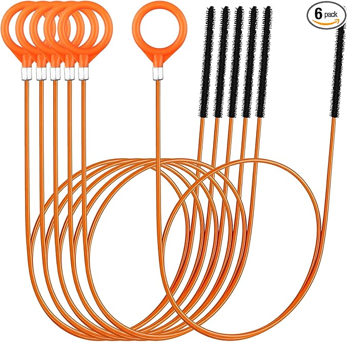 51 Inch Anti-Break Metal Drain Snake, Nylon-Coated Drain Clog Remover, Flexible Hair Blockage Cleaner Tool for Shower, Bathroom Sink & Tub, Reusable Pipe Unclogger for Home Use (6 Pack) (Orange)