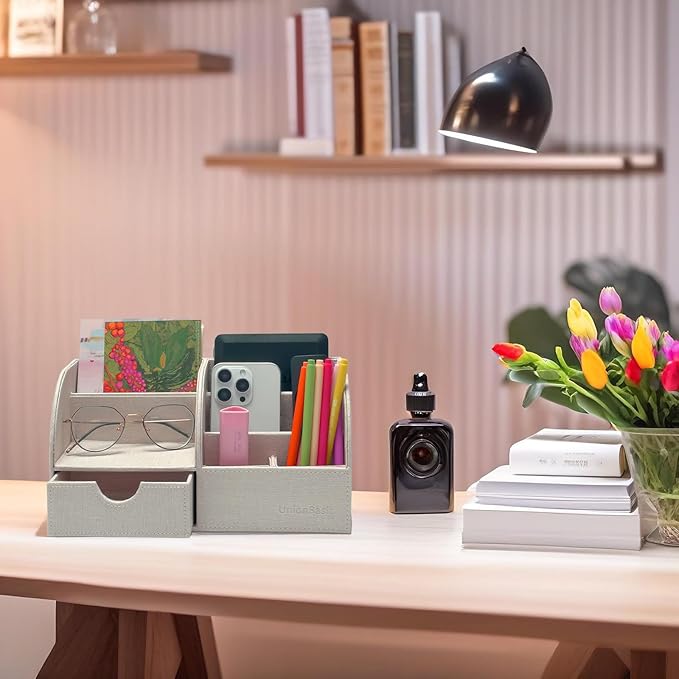 UnionBasic Desk Organizer, Multi-functional Leather Desktop Office Organizer, Pen Holder - Business Card/Pen/Pencil/Mobile Phone/Stationery Holder Storage Box, Beige
