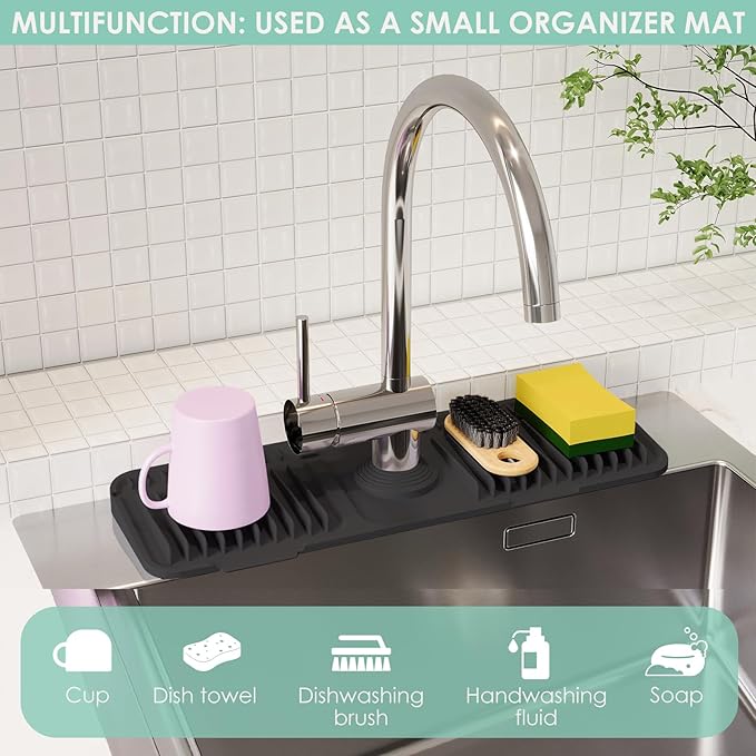 17.7 Inch Silicone Faucet Mat for Kitchen Sink Splash Guard - 7° Slope Water Draining Mat with Fasten Button for Bathroom Area (Black, 17.7''x5.5'')