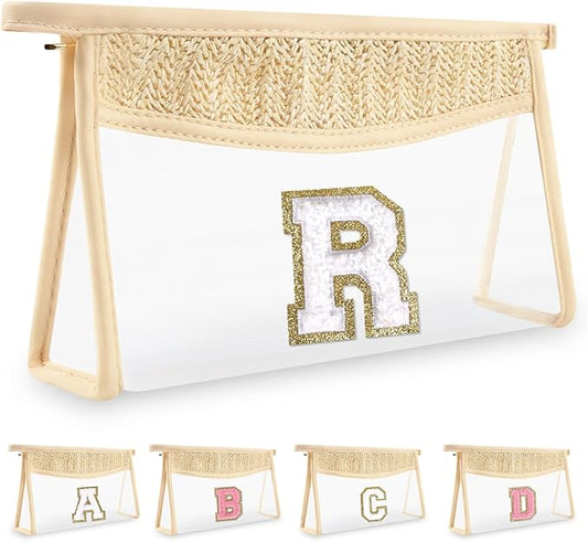 Personalized Initial Letter Bag Boho Straw Clear Makeup Bag, Small Cute Chenille Varsity Letter Pouch with Zipper, Beach Travel Toiletry, Portable Monogrammed Cosmetic Bag for Women Girls, R
