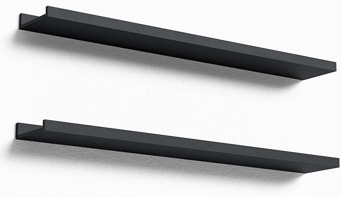 35.4 Inches Long Floating Shelves Wall Mounted, 2 Set Modern Black Wall Shelf for Bedroom, Nursery Book Shelf with Lip, Picture Ledge Shelf for Decor Living Room Bathroom Kitchen - Black