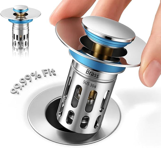 (All Metallic) Bathroom Sink Plug, Pop-up Drain for Bathroom Sink, Sink Plug Hair Collector, Silent Popper Core with Removable Stainless Steel Filter Basket (Silver Polished, 1 Pack)