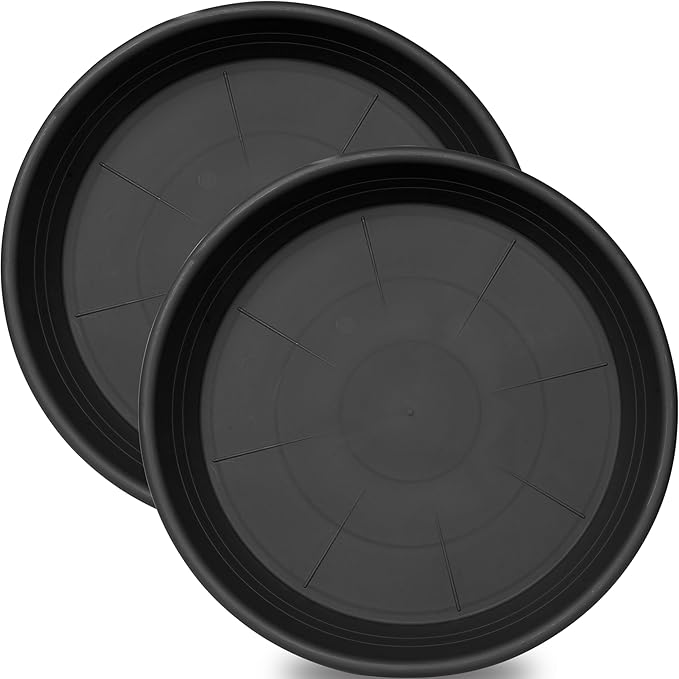 Grjoprt 2 Pack of 16 17 inch Plant Saucer, 2.4" Depth Large Plant Tray, Heavy Duty Plant Trays for Indoors no Holes, Bird Bath Bowls, Plastic Pot Tray for Planter 14"/15"/16" (16", Black)