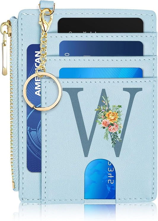 Slim Card Holder for Women, Initial Slim Wallet for Women RFID Blocking Thin Travel Wallet,PU Leather Credit Card Holder, Personalized Birthday Gifts for Women Sister Mom Daughter（Blue）