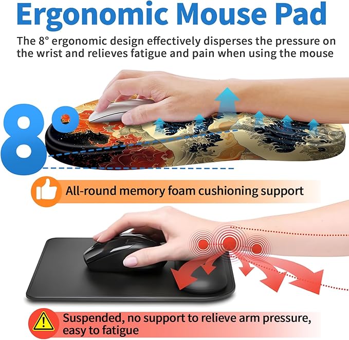 YIWEI Ergonomic Mouse Pad with Wrist Rest - Comfortable Office Mousepad with Memory Foam Wrist Support for Carpal Tunnel Relief, Mouse Pads with Non-Slip Base for Gaming and Home (Waves)