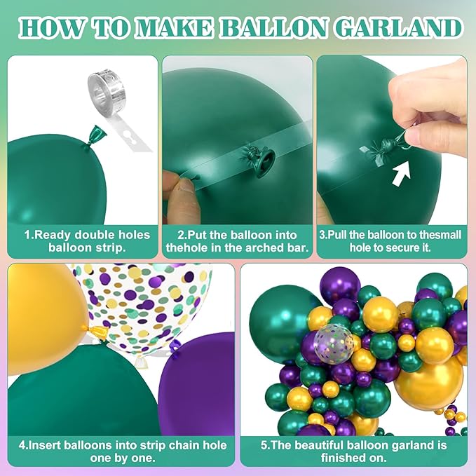 Amandir 153pcs Mardi Gras Decorations Balloons Arch Garland Kit, Different Sizes 18 12 10 5inch Pearl Purple Green Gold Confetti Mardi Gras Balloons for Fat Tuesday Carnival Birthday Party Supplies