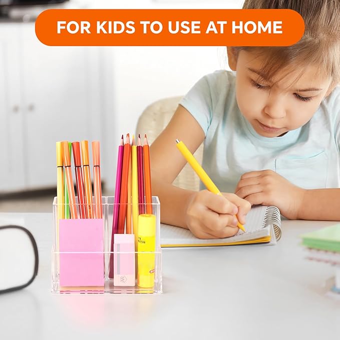 2 Packs Pen Holder for Desk, Clear Acrylic Pencil Holder for Desk, Marker Holder with 3 Compartments, Pencil Organizer for Home, Office, Classroom, Bathroom