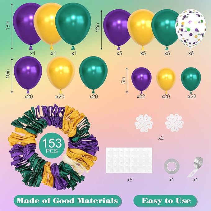 Amandir 153pcs Mardi Gras Decorations Balloons Arch Garland Kit, Different Sizes 18 12 10 5inch Pearl Purple Green Gold Confetti Mardi Gras Balloons for Fat Tuesday Carnival Birthday Party Supplies