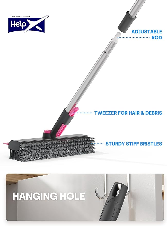 HelpX Floor Scrub Brush with Long Handle, 3-in-1 Multi-angle Swivel Right-Angled Bristle Floor Scrubber Brush with Squeegee and Tweezer for Tile Wall Deck Bathroom Patio Garage Kitchen (Pink and Grey)