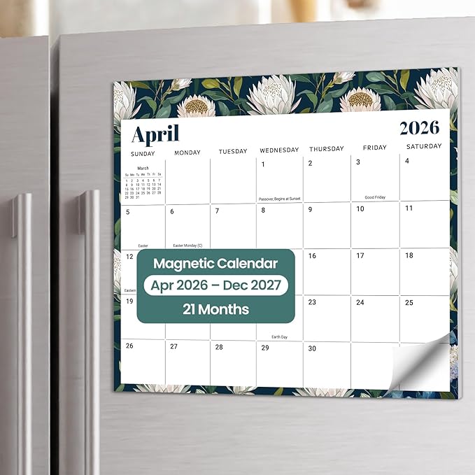 Aesthetic 2026-2027 Magnetic Calendar for Refrigerator, 21-Month Fridge Calendar Magnet from April 2026 to December 2027, Easy Organizing，Floral Luxe