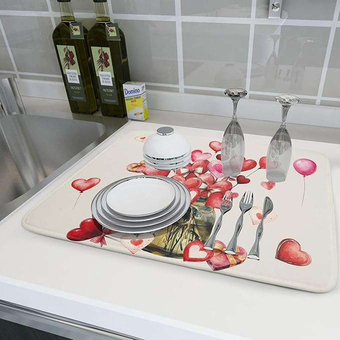 Valentine's Day Dish Drying Mat for Kitchen Counter,Red Love Canes Hearts Decorative Mason Jar Drying Mat 18 x 24 Inch with High Absorbent Microfiber Drainer Mat for Coffee Bar