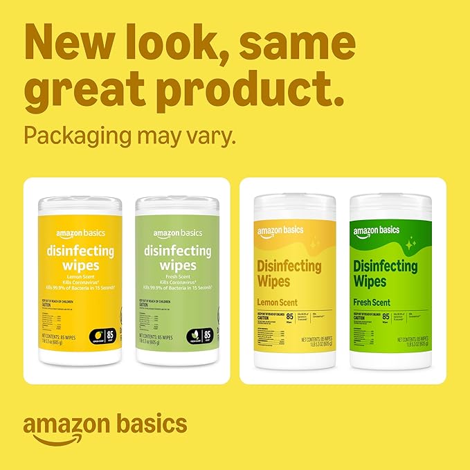 Amazon Basics Disinfecting Wipes, Lemon & Fresh Scent, Sanitizes, Cleans, Disinfects, Deodorizes, 340 Count (4 Packs of 85), Packaging May Vary