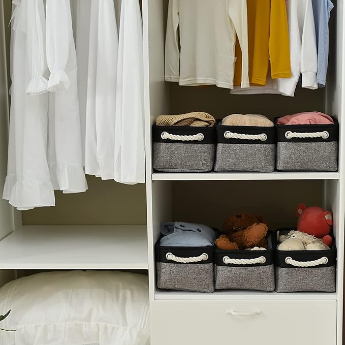 TheWarmHome Storage Basket for Organizing - 12x8x5.2 inch Small 6 Pack Collapsible Storage Bin for Shelves with Rope, Fabric Storage Cubes for Cloth Gift Toy Decorative Organizer (Black & Grey)