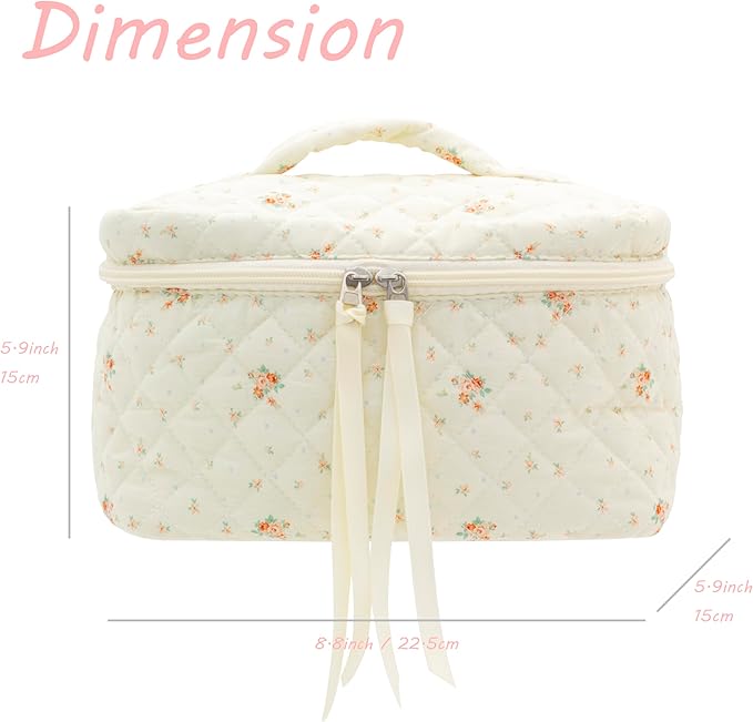 PAZIMIIK Quilted Makeup Bag Large Travel Zipper Soft Cosmetic Case for Women Girls Make Up, Floral White