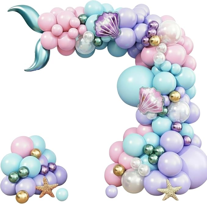 Mermaid Balloon Garland Arch Kit – Under the Sea Party Decorations with Pastel Pink, Blue, Purple, Gold Balloons, Shell & Tail Foil Balloons, Ocean Theme Birthday, Baby Shower Décor by Vellax®