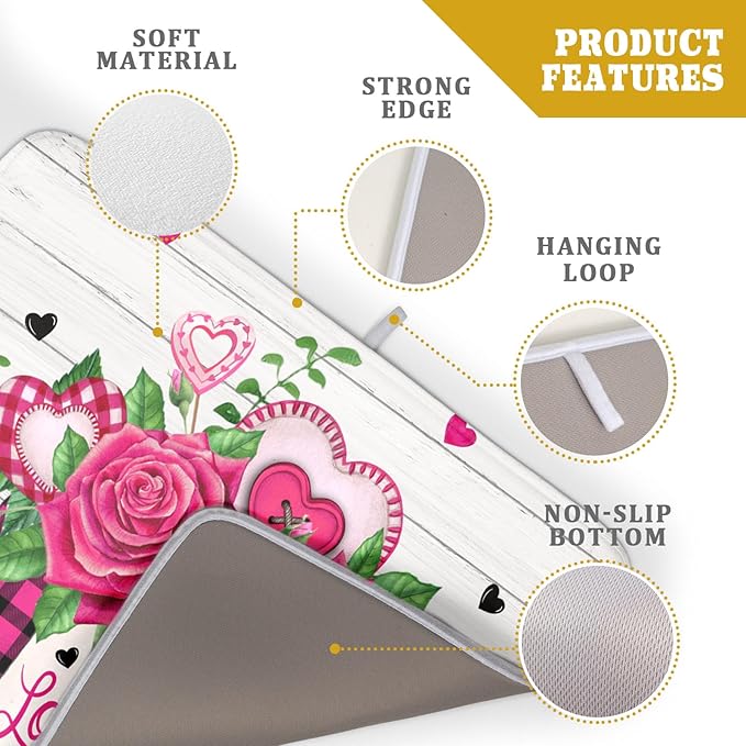 Valentine's Day Rose Flower Dish Drying Mat for Kitchen Counter,Mason Jar Pink Love Heart Drying Mat 18 x 24 Inch with High Absorbent Microfiber Drainer Mat for Coffee Bar