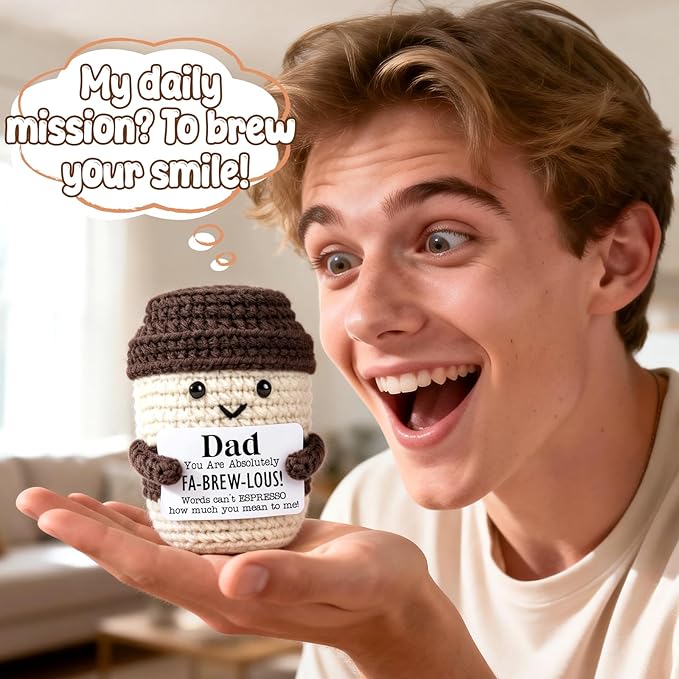 Agantree art Fathers Day Birthday Gifts for Coffee Lover Dad from Son Daughter Wife Birthday Father’s Day Handmade Crochet Coffee Mug for Best Daddy Papa Step-Dads Husband Espresso I Love You Present