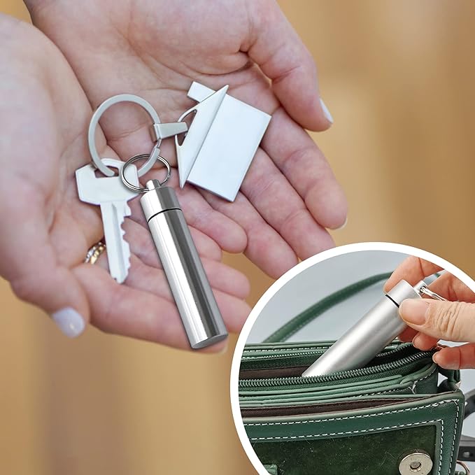 4 Pack Portable Pill Box Container Case Aluminum Alloy Keychain Pill Holder Waterproof Metal Earplugs Toothpick Box for Outdoor Camping Travel (2Pcs Black + 2Pcs Silver)