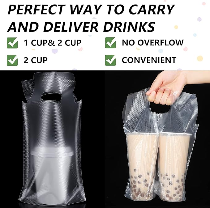 Tinlade 200 Pcs Clear Handle Drinking Poly Bags Bulk 2 Cup and 1 Cup Plastic Portable Cup Carrier Holder Bag Packaging Delivery Hanging Hole, 6.3 x 10.2, 12.2 x 10.2 Inch