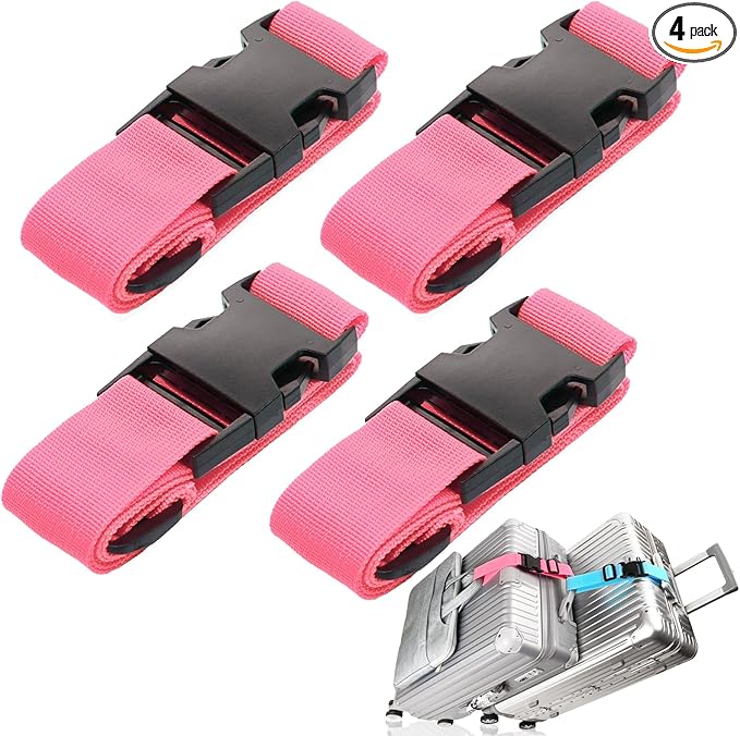 4-Pack Luggage Straps for Suitcases, Travel Connector for Carry-On Bag, Add Bag to Connect Two Suitcases, Adjustable Belt Attachment Accessories to Connect Your 3 Pieces of Luggage, Pink