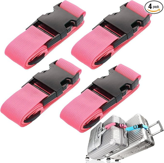 4-Pack Luggage Straps for Suitcases, Travel Connector for Carry-On Bag, Add Bag to Connect Two Suitcases, Adjustable Belt Attachment Accessories to Connect Your 3 Pieces of Luggage, Pink