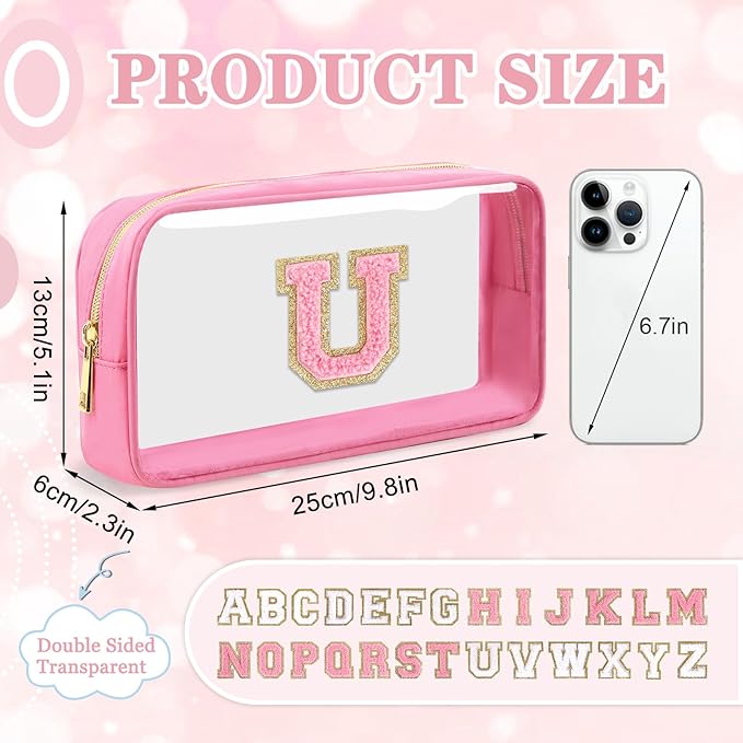 Small Clear Personalized Initial Makeup Bag, Preppy Nylon A-Z Chenille Letter Patch Makeup Organizer TSA Approved Travel Toiletry Bag,Waterproof Zip Beach Cosmetic Pouch Purse for Women(Pink-Pink U)