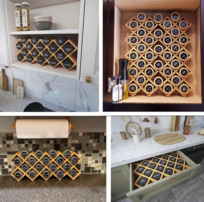 Bamboo Criss Cross Spice Rack Organizer for Cabinet, Wood Seasoning Rack Spice Holder, 18-Jar Spice Rack Tower Spice Storage for Kitchen Countertop Drawer - Jars Not Included
