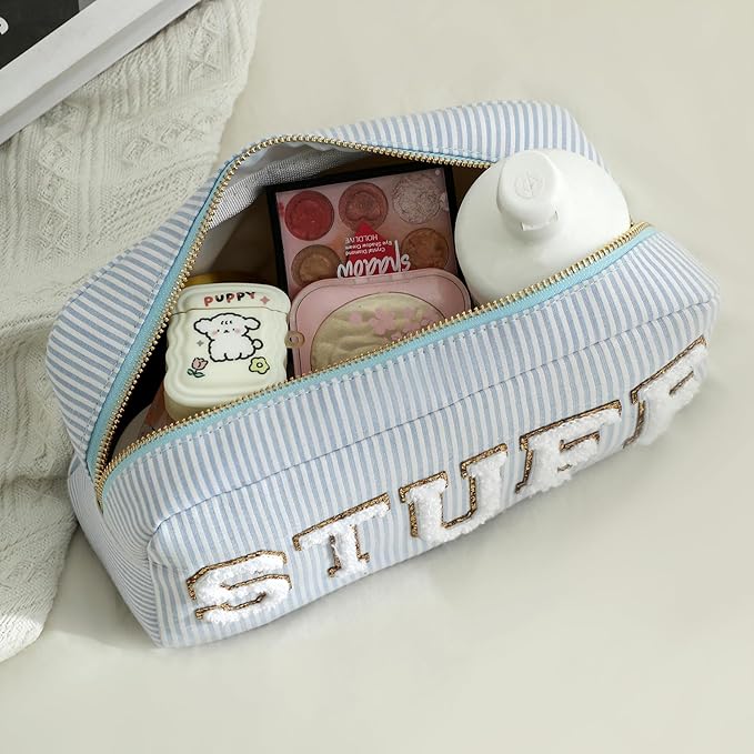 uekeboag Seersucker Chenille Letter Stuff Meds RX Makeup Bag, Travel Washable Purse Organizer with Zipper, Lightweight Toiletry Cute Personalized Preppy Cosmetic Bag For Women and Girls(02Pink Stuff)