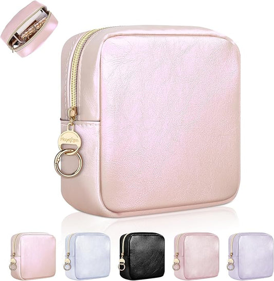 4.9" Small Makeup Bag for Purse, PU Leather Mini Cosmetic Bag, Portable Small Makeup Organizer Travel Toiletry Pouches for Women, Birthday/Wedding/Christmas Gifts (Auroral Pink)