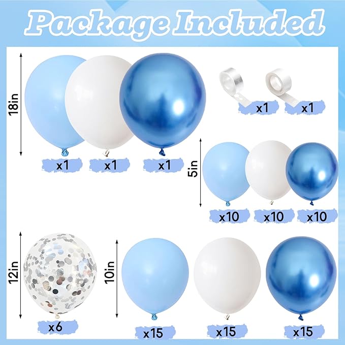 Blue Balloon Arch Kit 86Pcs Pastel Blue White Balloons Garland Kit with Silver Confetti Balloon Metallic Macaron Light Birthday Party Balloons for Boys Men Baby Shower Graduation Party Decorations