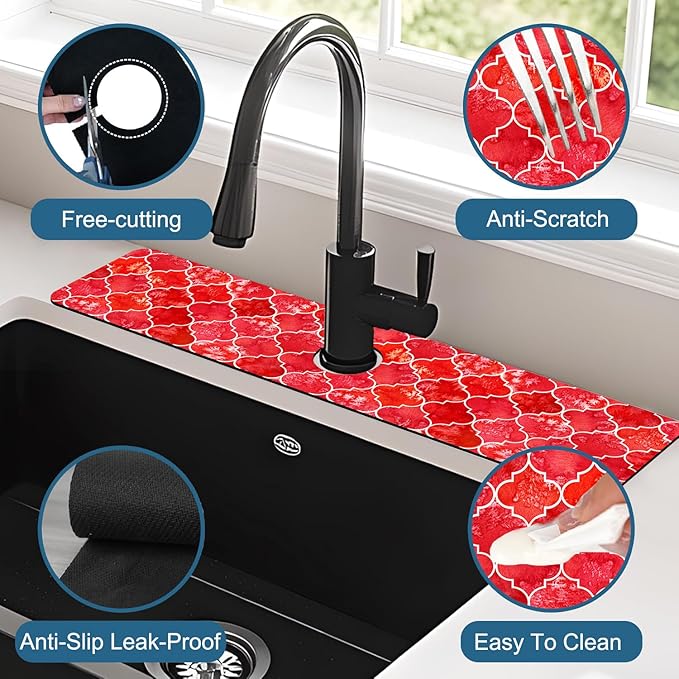Watercolor Moroccan Marbled Sink Splash Guard Red Tiles Faucet Absorbing Mat Fast Drying Mat Sink Gadgets Splash Guard Behind Faucet Drip Catcher for Kitchen Bathroom, 23.5"x5.5"