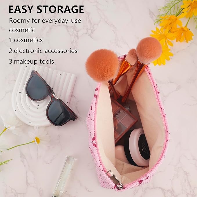 ZLFSRQ Corduroy Makeup Bag for Women Preppy Large Capacity Cosmetic Bags Travel Toiletry Organizer Pouch for Purse Zipper Makeup Brushes Storage Tote Bag Cute Y2K Aesthetic Essential Bags（Pink Bow）