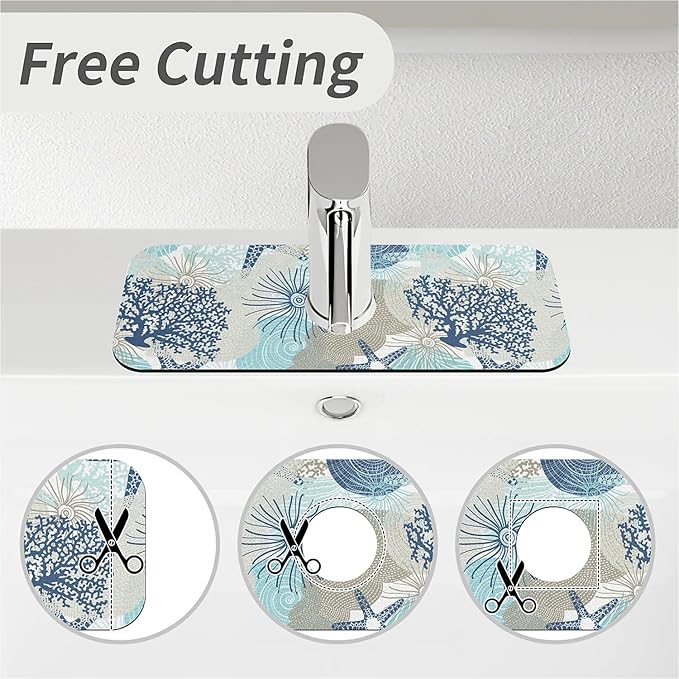Kitchen Sink Splash Guard, Cute Corals and Seashells Faucet Mat Sink Gadgets - Super Absorbent Fast Drying Mat Drip Catcher for Kitchen, Bathroom, Sink Mat, Dish Drying Mat, Bathroom (15" X 5.5")